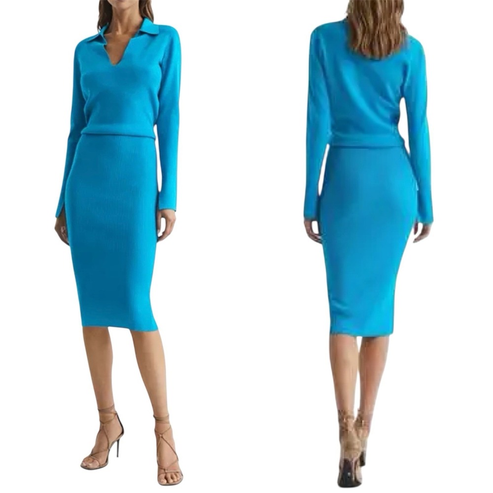 NWT REISS Elaina Collared Knit Midi Dress In Blue Size L Classic Cocktail Office